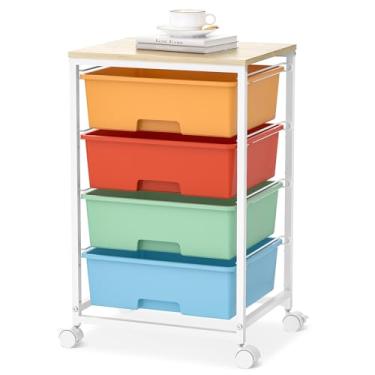 Imagem de Organizador de gaveta com 4 gavetas e mesa de madeira e rodas com trava para escritório em casa, quarto, quarto infantil, sala de aula, carrinho de gaveta sob a mesa, macaron