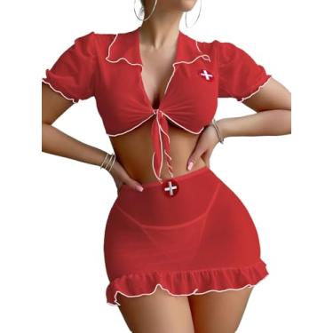 Imagem de Milumia Conjunto de lingerie feminina de enfermeira, 3 peças, sexy, transparente, roupa de fantasia com tanga, Vermelho claro, Large