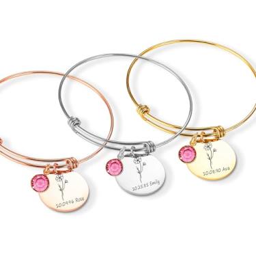 Imagem de Ida Memory Pulseira Memorial Personalizada – Joias de Lembrança com Nome, Data, Flor de Nascimento e Pedra do Nascimento – Presente de Luto de Lembrança Gravada, Perda de um Ente Querido, Presente de