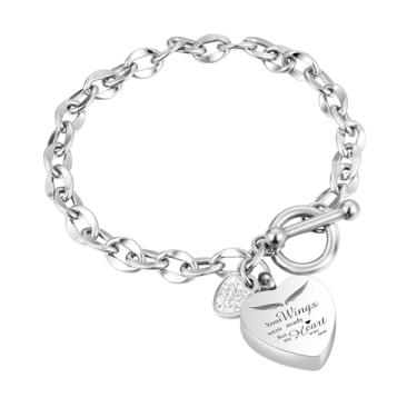 Imagem de abooxiu Pulseira de urna de cadeado para cinzas - Pulseira de cremação de coração de cristal - Suporte de cinzas memorial de aço inoxidável para homens e mulheres - Prata, One Size, Aço inoxidável