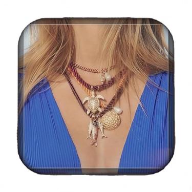 Imagem de Colar feminino Summer Beach com pingente de várias camadas - com corda tecida colorida, tartaruga e pérola, colar com pingente de concha - 4 peças
