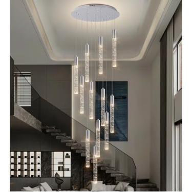 Imagem de Phoonyii Lustre De Cristal De Teto Alto Com 12 Luzes, Luminária Pendente Grande E Moderna De Led Em Formato De Gota De Chuva, 98,5" De Altura, Lustre Embutido Cromado Para Hall De Entrada, Escada,