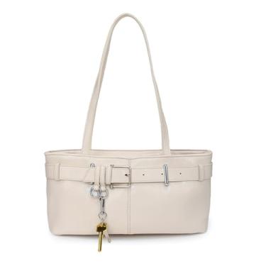Imagem de Bolsa de ombro vintage Y2K para mulheres, bolsa pequena com fivela de cinto, bolsa de mão de couro, bolsa de mão para axilas para uso diário - branca