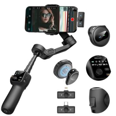 Imagem de AOCHUAN Estabilizador gimbal para iPhone e Android, suspensão cardan de telefone de 3 eixos com microfone de lapela sem fio, haste de extensão de 19,8 cm integrada, tela OLED, estabilizador de