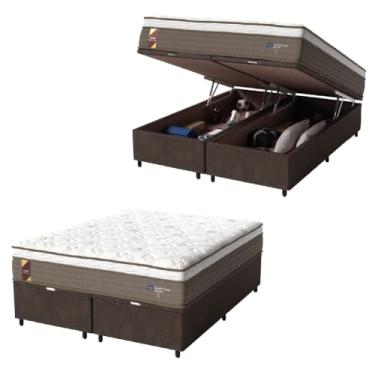 Imagem de Cama Box Baú Casal Queen Colchão Molas Ensacadas Guarda Costas Alameda 158x198x71cm Suede Marrom/Branco