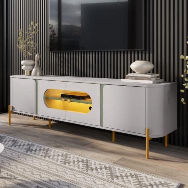 Imagem de Rack para TV Até 75 Polegadas Evans 4 Portas com Vidro e Led Off White/Pistache - Pnr Móveis