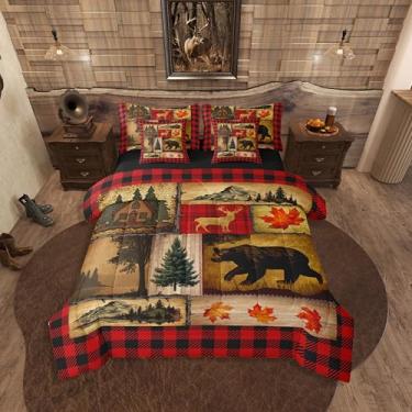 Imagem de Erosebridal Conjunto de edredom rústico casinha de fazenda, solteiro, urso, veado, vida selvagem, para adolescentes e adultos, cama xadrez buffalo, vermelho e preto, decoração de cabana, folhas de