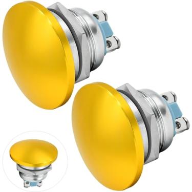 Imagem de 2 peças de interruptor de botão de pressão de cabeça de cogumelo 22 mm amarelo à prova d'água botão de início momentâneo de metal 7/20.3 cm terminal de parafuso abobadado 5 Amp (amarelo, 22 mm)