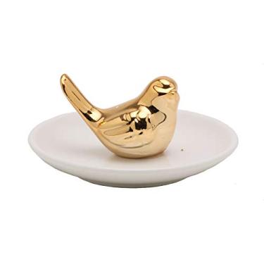 Imagem de PRATO DECORATIVO DE CERÂMICA BRANCO C/PASSARINHO DOURADO 10x7cm