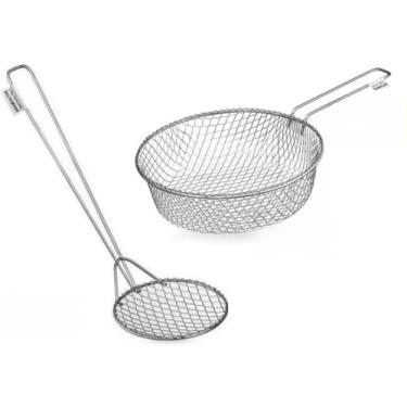 Imagem de Kit Conjunto Escumadeira + Frigideira Cesto Para Fritura Redondo Peneira UltilidadePara Cozinha(KIT GRANDE)