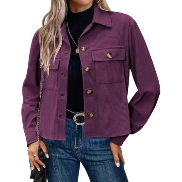 Imagem de Jaqueta De Veludo Cotelê Para Mulheres, Jaqueta Cropped De Lapela Com Botões Na Moda, Tops De Casaco Slim De Manga Longa Casual De Outono Com Bolsos, Purple, M