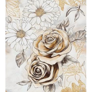 Imagem de Papel de parede floral vintage descascar e colar, papel de contato rosa escura bege/amarelo 44,5 cm x 299,7 cm, papel de parede boho autoadesivo à prova d'água removível para prateleiras de banheiro
