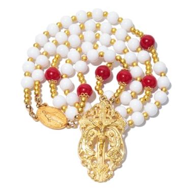 Imagem de AROUROUA Rosário de ouro católico para mulheres, medalha de São Milagrosa e crucifixo de cruz, oração católica, Large, Vidro, Sem Pedra Preciosa