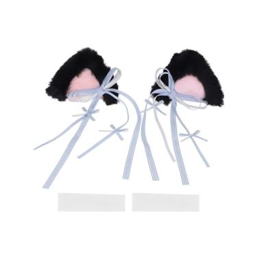 Imagem de ACROPIX Acessórios para capacete de motocicleta, decoração de orelhas de gato pretas fofas com serpentina azul para capacetes de esqui de bicicleta, preto, rosa, conjunto com 2 adesivos de pelúcia