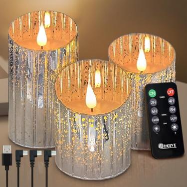 Imagem de LEDHOLYT Vela recarregável sem chama, vela falsa de vidro LED cintilante com controle remoto e temporizador, bateria incorporada, vela eletrônica de cera real para decoração de quarto, conjunto de 3