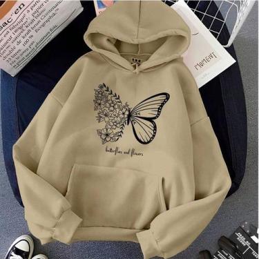 Imagem de Blusa Moletom Feminino Canguru Estampado Borboleta Flores Butter Flies