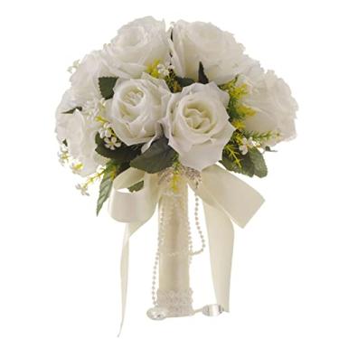 Imagem de Casamento branco segurando flores buquê de noiva mão segurando linda fita com flores de seda artificial para buquês de noiva de casamento buquês artificiais