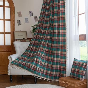 Imagem de Erbnaryx Cortina xadrez 140 cm L x 182 cm C, 2 painéis de filtro de luz com bolso para varão, privacidade, borlas, vintage, decoração country. Cortina tartã texturizada drapeada para sala de estar e