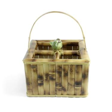 Imagem de Porta Talher Organizador de Talheres Cesto com Alça Bambu Natural com Pássaro de Cerâmica Mesa Posta Decoração (PÁSSARO PEQUENO)