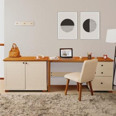 Imagem de Conjunto Home Office 1 Mesa 150cm 3 Gavetas 1 Armário 2 Portas Ananda Cabecasa Madeiramadeira Off White/Mel