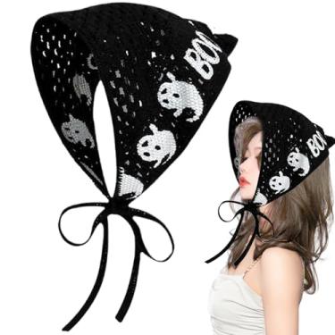 Imagem de Bandana de cabelo bandana gótica para o dia das bruxas, cachecol de crochê com alças triangulares, teia de aranha, vazado, respirável, padrão de fantasma, cabelo de crochê (preto)
