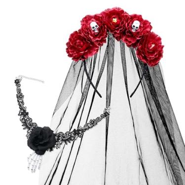 Imagem de Nashibowu 2Pcs Halloween Headband and Choker Set for Women, Ready-to-wear Gothic Skull Red Rose Hairpiece with Veil & Black Lace Choker,Hair Accessories Day of the Dead Wedding Party Cosplay Costume