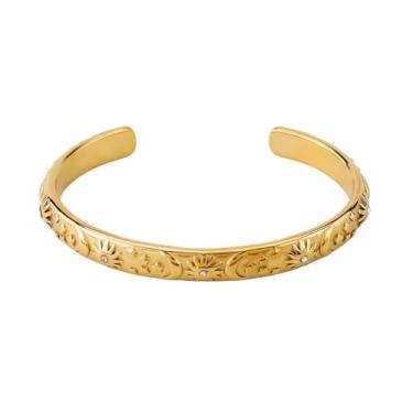 Imagem de Pulseira feminina em relevo lua estrela sol pulseira moda CZ inseto celestial aberto declaração pulseiras leves boho pulso envolver vestido acessórios joias presente, 2.36 Inches, Aço inoxidável, Sem