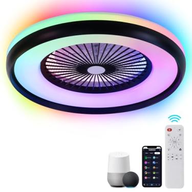 Imagem de HUMHOLD Ventilador de teto sem lâmina de 61 cm com controle remoto de luz RGB, ventiladores de teto LED inteligentes com controle de voz/aplicativo, ventilador de teto moderno de baixo perfil
