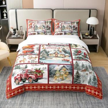 Imagem de Jogo de cama solteiro com estampa de Natal 100% algodão puro, conjunto de cama de feliz Natal (sem enchimento) geométrico, flocos de neve, caminhão, capa de edredom para decoração de quarto, 2 peças