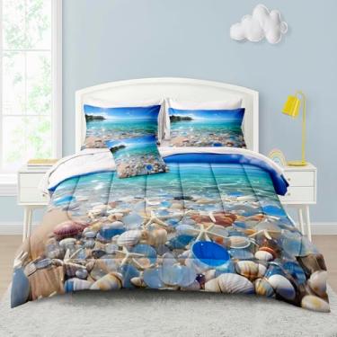 Imagem de MOVE OVER Conjunto de cama costeiro, 8 peças, tamanho king, céu azul e oceano, estampa havaiana, estrela-do-mar e conchas, conjunto de edredom de verão