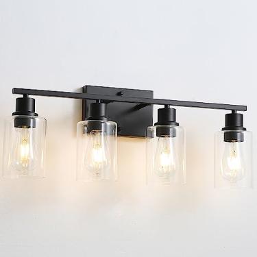 Imagem de Jodauirt Arandelas de parede de galeria preta de 4 luzes, luminárias de banheiro pretas escovadas com persianas de vidro transparente, iluminação de parede moderna de fazenda para espelho, sala de