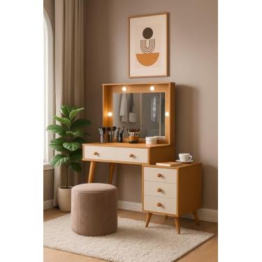 Imagem de Penteadeira Camarim Led Minimalista 4 Gavetas Moderna Espelho Moderna Decorativa Maquiagem (Nature/Off White)