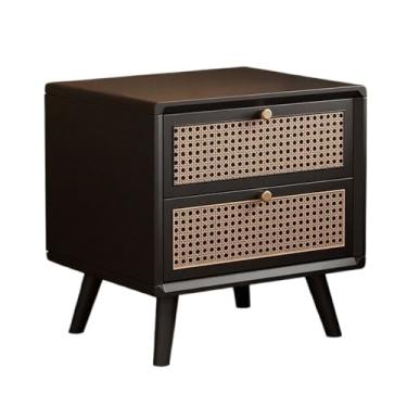 Imagem de ZzleoyuUUs-12 Mesa de chá feita à mão em tecido de vime, mesa de cabeceira simples, duas gavetas, quarto, armário de armazenamento pequeno, mesa de chão (preto)