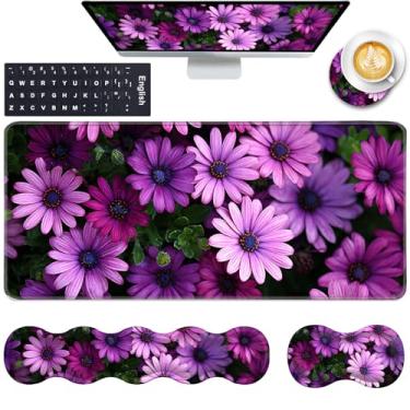 Imagem de Descanso de pulso para teclado e mouse pad com suporte de pulso, porta-copos ergonômico, espuma de memória, alívio da dor de digitação fácil, tapete de mesa GG grande 80 cm x 30 cm, margarida africana