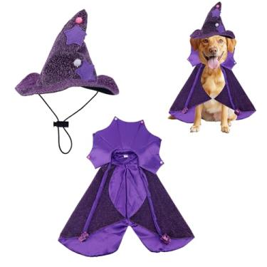 Imagem de Conjunto Fantasias Cachorro Halloween, Capa Chapéu Bruxa Roxa Fantasia Filhote Cachorro Capa Mago Roupa Vampiro Diabólico Cães Pequeno Médio Porte Festa Halloween Acessórios Vestuário Cosplay