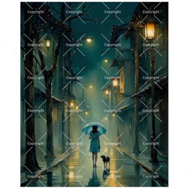 Imagem de Kit de pintura de caminhada noturna chuvosa por números para adultos - DIY menina com guarda-chuva e cachorro no beco pintura em tela 40,6 x 50 cm, conjunto de tinta acrílica, adequado para iniciantes