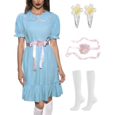 Imagem de ALIREVERIE Womens Halloween Cosplay Dress Puff Sleeves Lolita Sister Peter Pan Collar Gardy Twin Costume Blue Ruffled Hem XXL