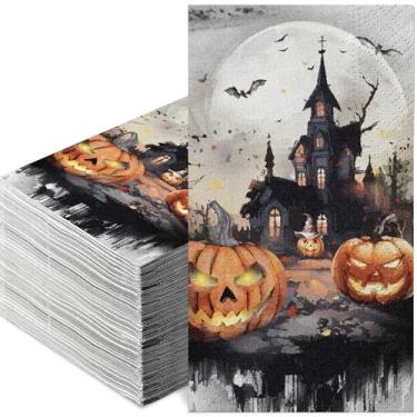Imagem de 100 guardanapos de Halloween - Design de abóboras de castelo descartáveis de 3 camadas para banheiro, convidado, jantar, chá, suprimentos de festa, decoração de mesa