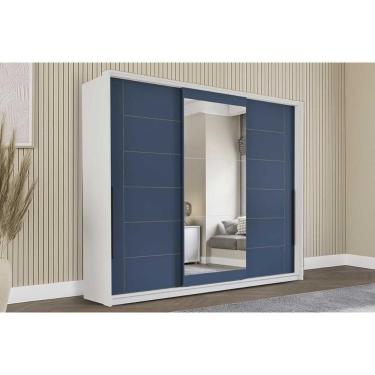 Imagem de Guarda Roupas 3 Portas De Correr De (1 C/ Espelho) E 4 Gavetas Lisboa Branco/azul - Politorno