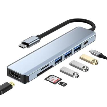 Imagem de Hub USB-C 7 em 1, Adaptador Multiportas com HDMI 4K, 3 Portas USB 3.0, Leitor SD, Carregamento PD, Compatível com MacBook e Notebooks