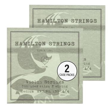 Imagem de MI&VI 2 conjuntos de cordas para violino Hamilton — Conjunto completo de escala universal 3/4 (G-D-A-E) com E-String extra | Aço alemão | Extremidade esférica | Tensão de calibre médio (2 pacotes de