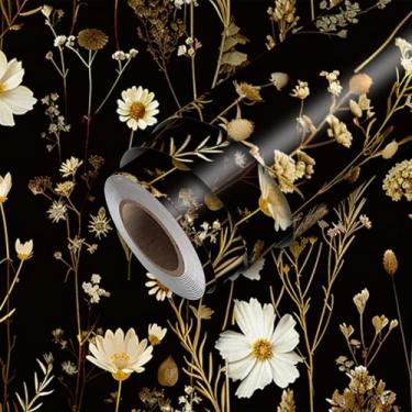 Imagem de HOMETITUTE Papel de parede floral descasque e cole preto branco flor contato papel de parede bastão de papel de parede 300 x 45 cm autoadesivo vinil decorativo cobertura de parede para quarto, sala de