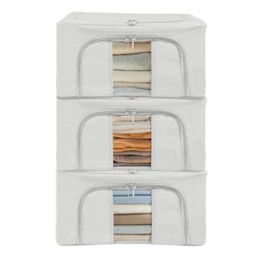 Imagem de Pacote com 3 caixas de roupas – caixa de metal de tecido Oxford – Suéter empilhável com janela transparente, zíperes e alças bidirecionais para armário e quarto, 38,5 x 20 x 30 cm (cinza)