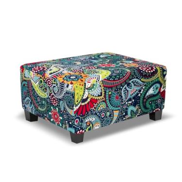 Imagem de TOPHMDECOR Capa otomana estampada retangular, capa elástica para apoio para pés com fundo elástico, protetor de tecido macio para otomano retangular na sala de estar ou quarto, médio, azul marinho e
