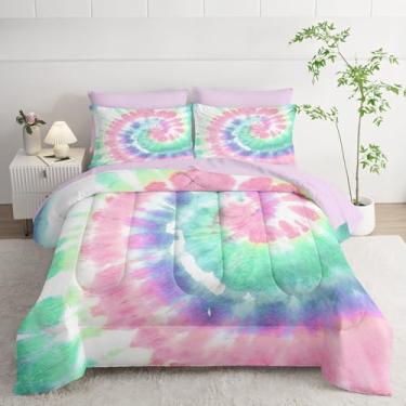 Imagem de Smell Sunshine Jogo de cama com estampa espiral, azul, rosa, verde, 7 peças, 1 edredom, 1 lençol de cima, 1 lençol com elástico e 4 fronhas para quarto de meninos e meninas (solteiro em espiral)