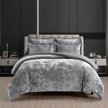 Imagem de Fredsure Conjunto de edredom de veludo envelhecido, 5 peças, cinza escuro, rosto de veludo envelhecido e reverso de microfibra escovada