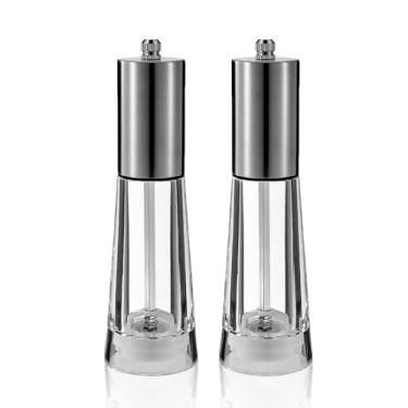 Imagem de Conjunto de moedor de sal e pimenta, moedor de pimenta acrílico com moedor de pimenta de madeira grossura ajustável, saleiro manual recarregável para cozinha, pacote com 2 (aço inoxidável)