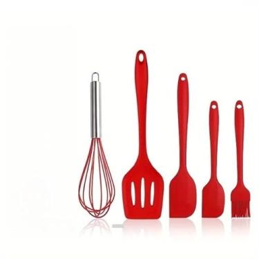 Imagem de Kit 5 Peças Utensílios de Cozinha Silicone Colher Espátula Fue Espátula Pequena Pincel(VERMELHO)