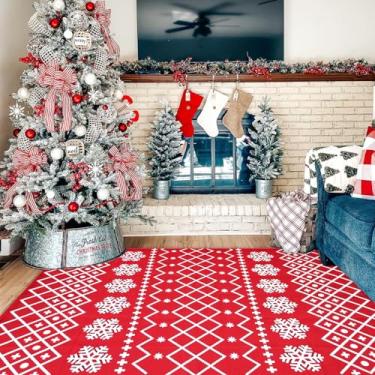 Imagem de Tapete de área de Natal vermelho e branco - 1,2 m x 1,8 m tapete de porta de decoração de porta de algodão lavável tapete tecido à mão tapete de Natal Ano Novo feriado entrada varanda cozinha sala de estar quarto