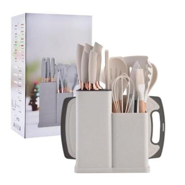 Imagem de Kit Conjunto 19 Pçs De Utensílios Facas Silicone e Plástico Cozinha Jogo Completo Batedeira Colher Pegador(Branco/kit19)